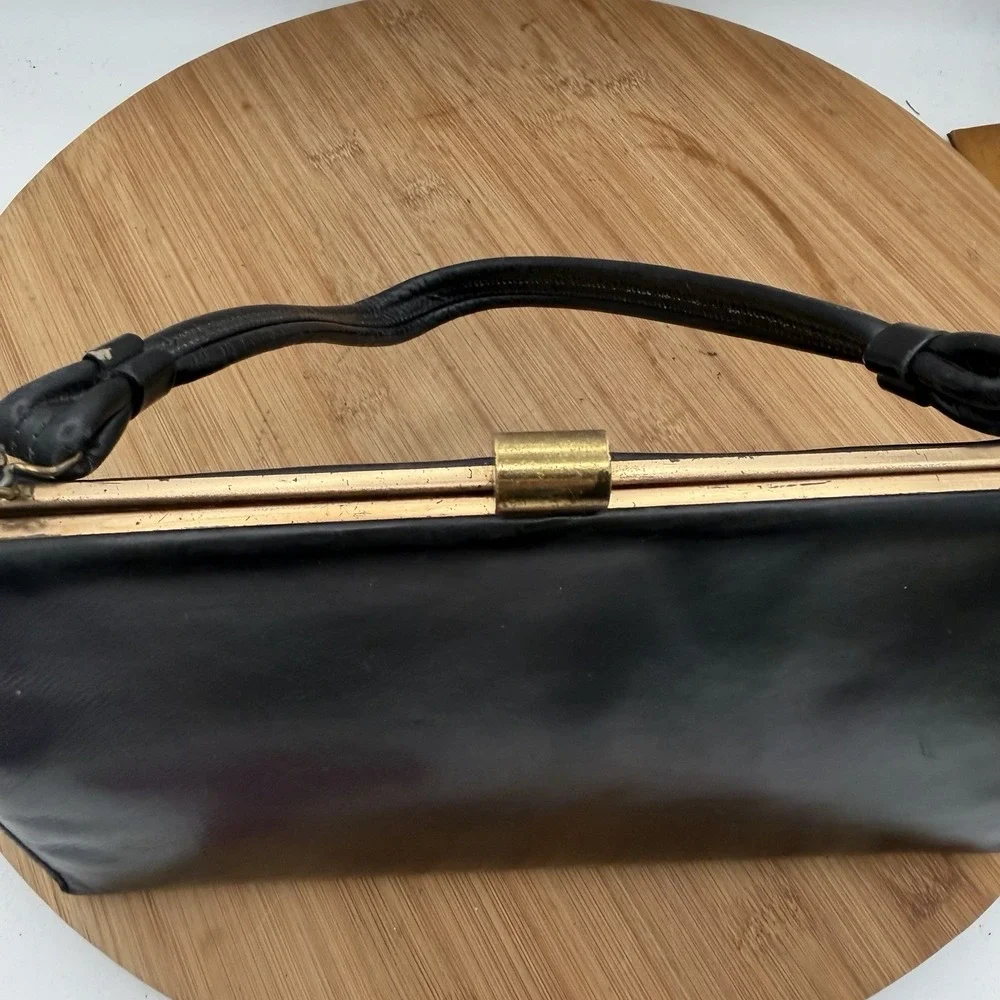 Vintage 1950s Lesco‎ Genuine Leather Handbag Black with Brass/Gold trim